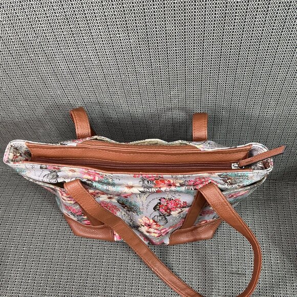 Rosetti Floral Tote Bag With Tan Faux Leather Accents & Multiple Pockets - Picture 9 of 11
